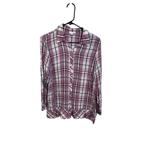 J. Jill Women's MP Purple Plaid Top Tunic Shirt Button Front Long Sleeve Light - Picture 1 of 4